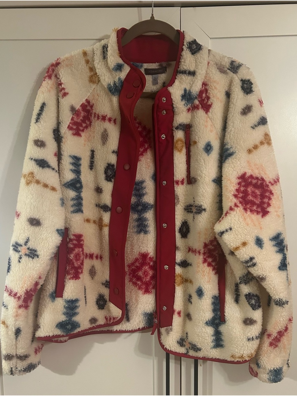 Ocean+Coast Women’s Cream Aztec Sherpa Bomber Jacket with Red Trim